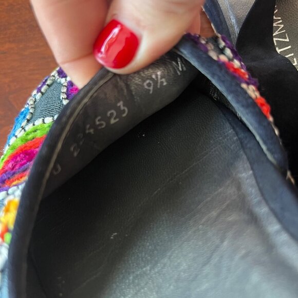 Stuart Weitzman Embroidered Denim Espadrille Flats With Black Ribbon Tie- Sz. 9. - Picture 9 of 13